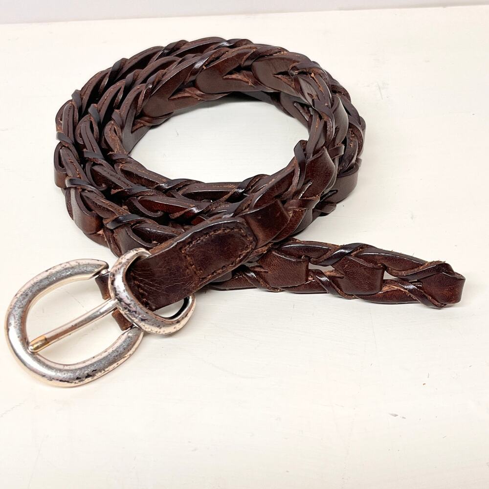 Skinny Brown Braided Linked Supple Leather Belt